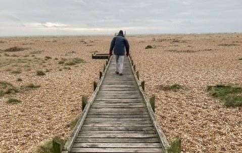 Setting off down a wet and windy boardwalk, this intrepid visitor made it across the shingle to the sea’s edge before returning for a pint