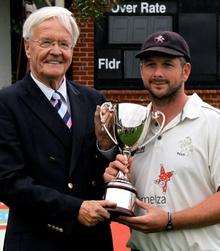 Kent all-rounder Darren Stevens receiving his player of the year award from the President of the Kent Supporters' Club, the Rev. Canon Chris Byers.