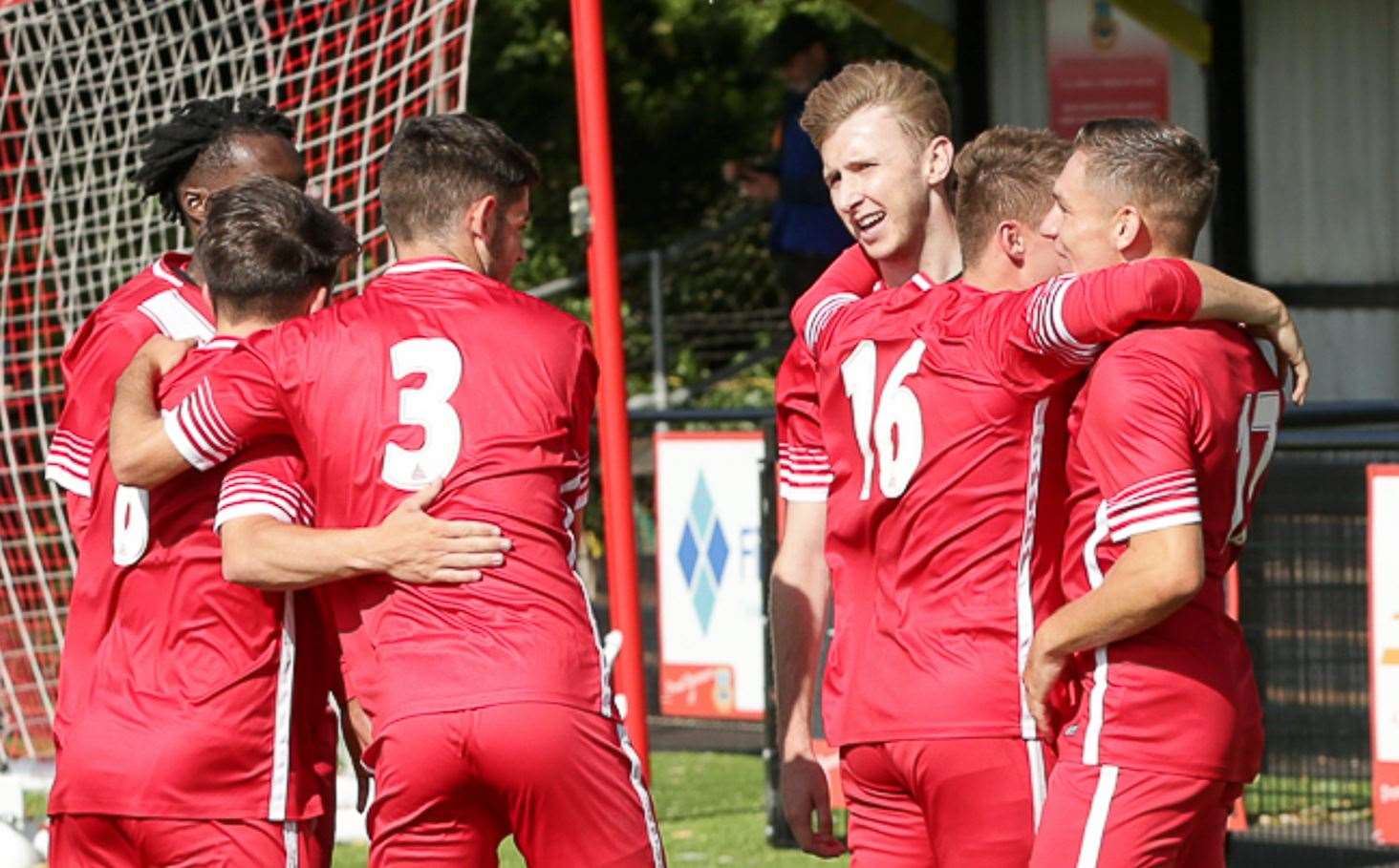 Whitstable celebrate amid their 4-1 weekend friendly win over East Grinstead. Picture: Les Biggs