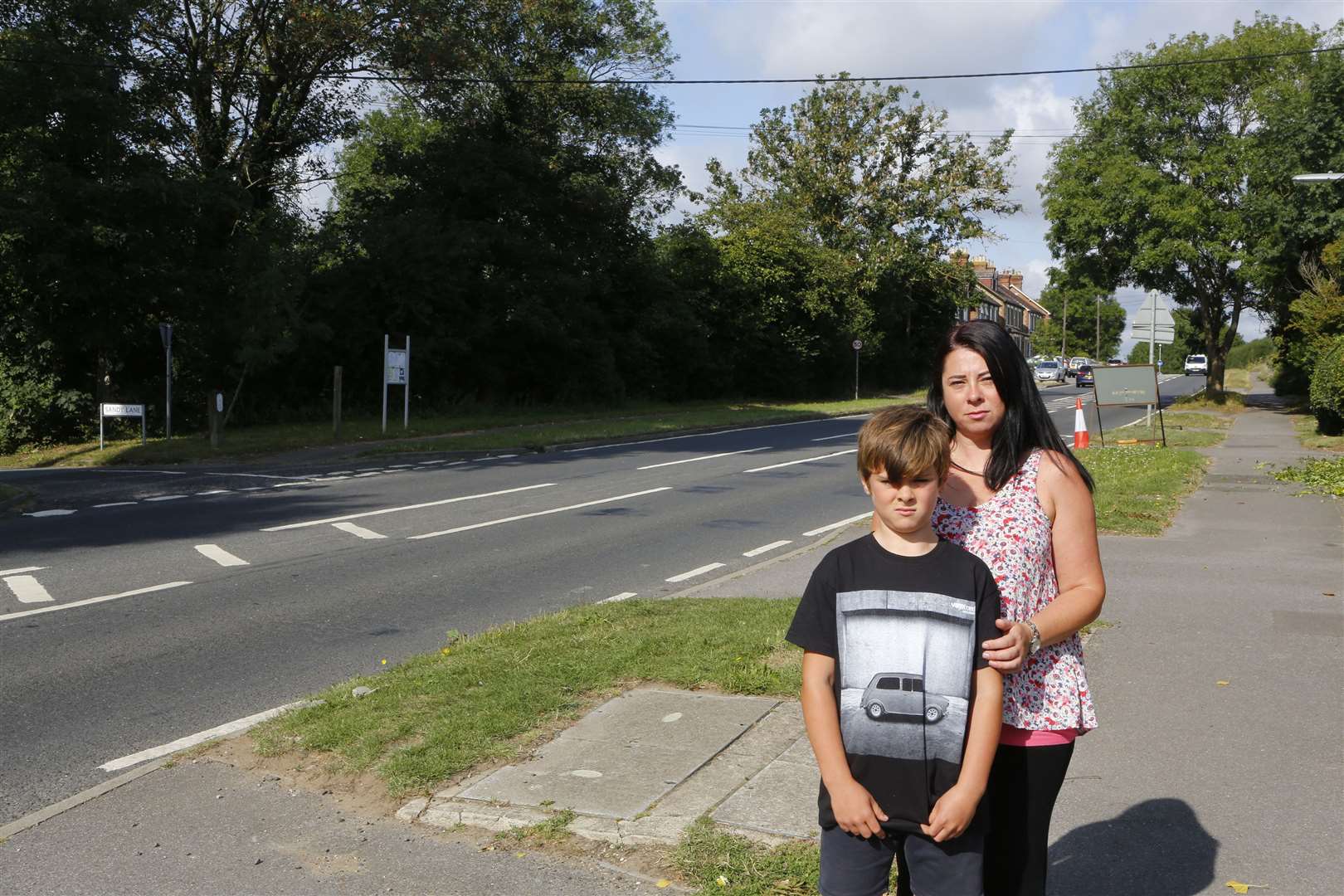 Caroline Martin with son Loris beside London Road, Ryarsh Picture: Andy Jones