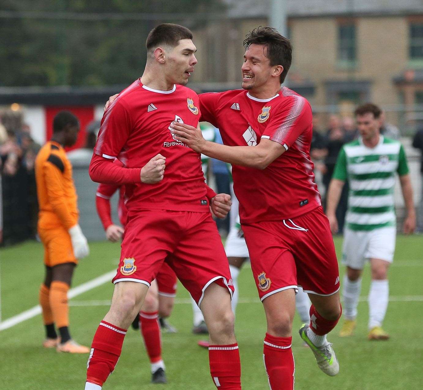 Harvey Smith and team-mate Will Thomas celebrating one of Whitstable’s goals against Corinthian. Picture: Les Biggs