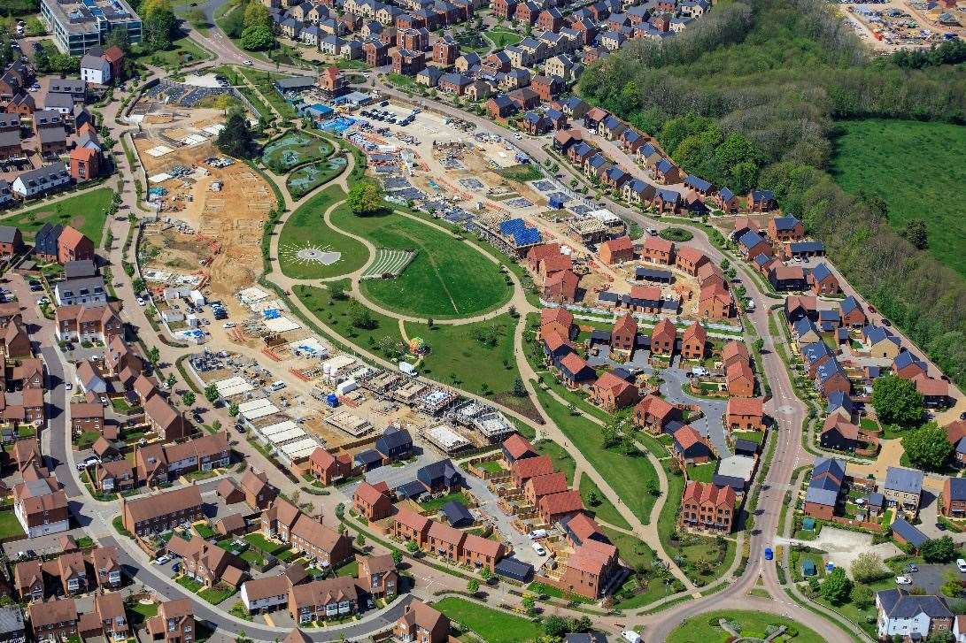 A drone photo illustrating the extent of construction at Aviation Park in Kings Hill. Photo: Bellway Kent