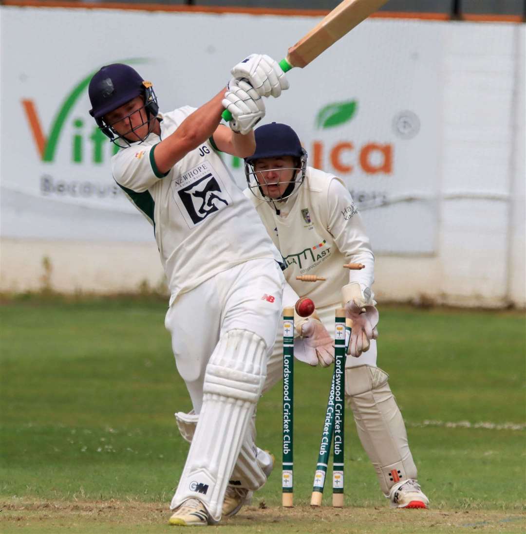 Lordswood's Joe Gordon is bowled by Hayes' Alfie Peck, who returned 3-27 from eight overs. Picture: Allen Hollands