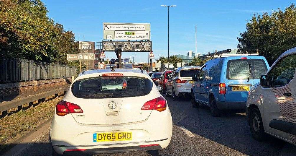 Queuing traffic on the approach to the Medway Tunnel