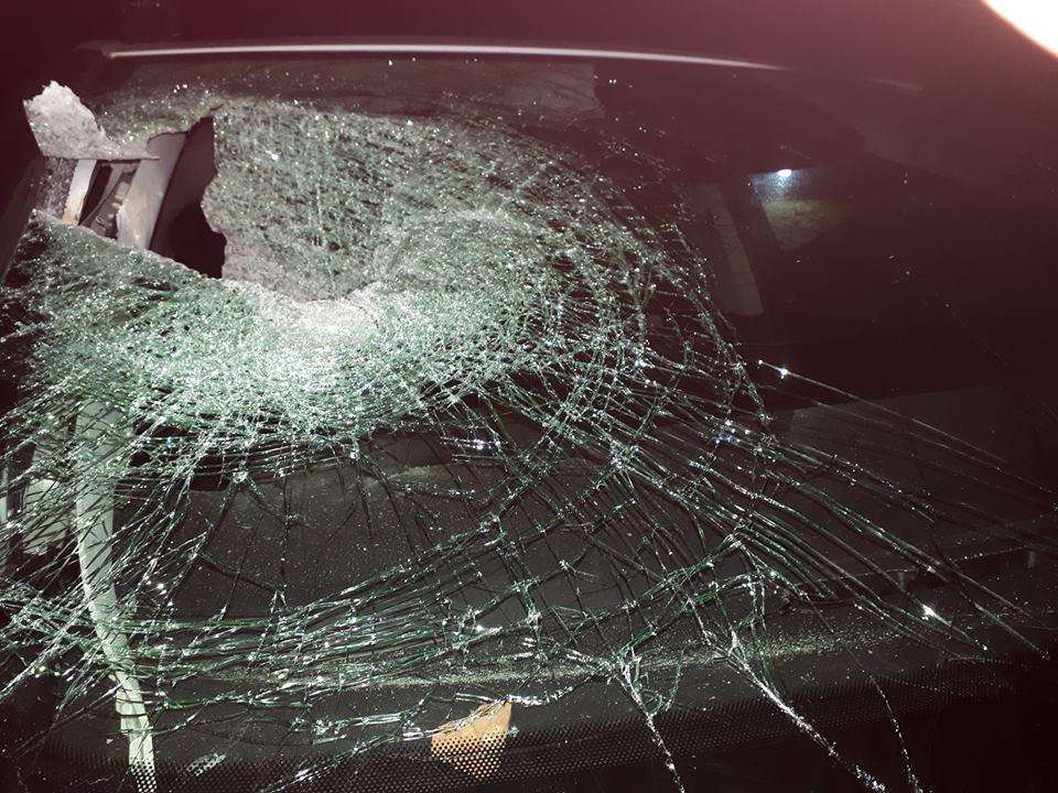 The damaged windscreen of Jackie Barrett's car after a brick was thrown from the A2 near Brenley. (7615989)