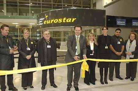 Stephen Fielder, stations manager at Ebbsfleet, officially opens the new service. Picture: PAUL DENNIS