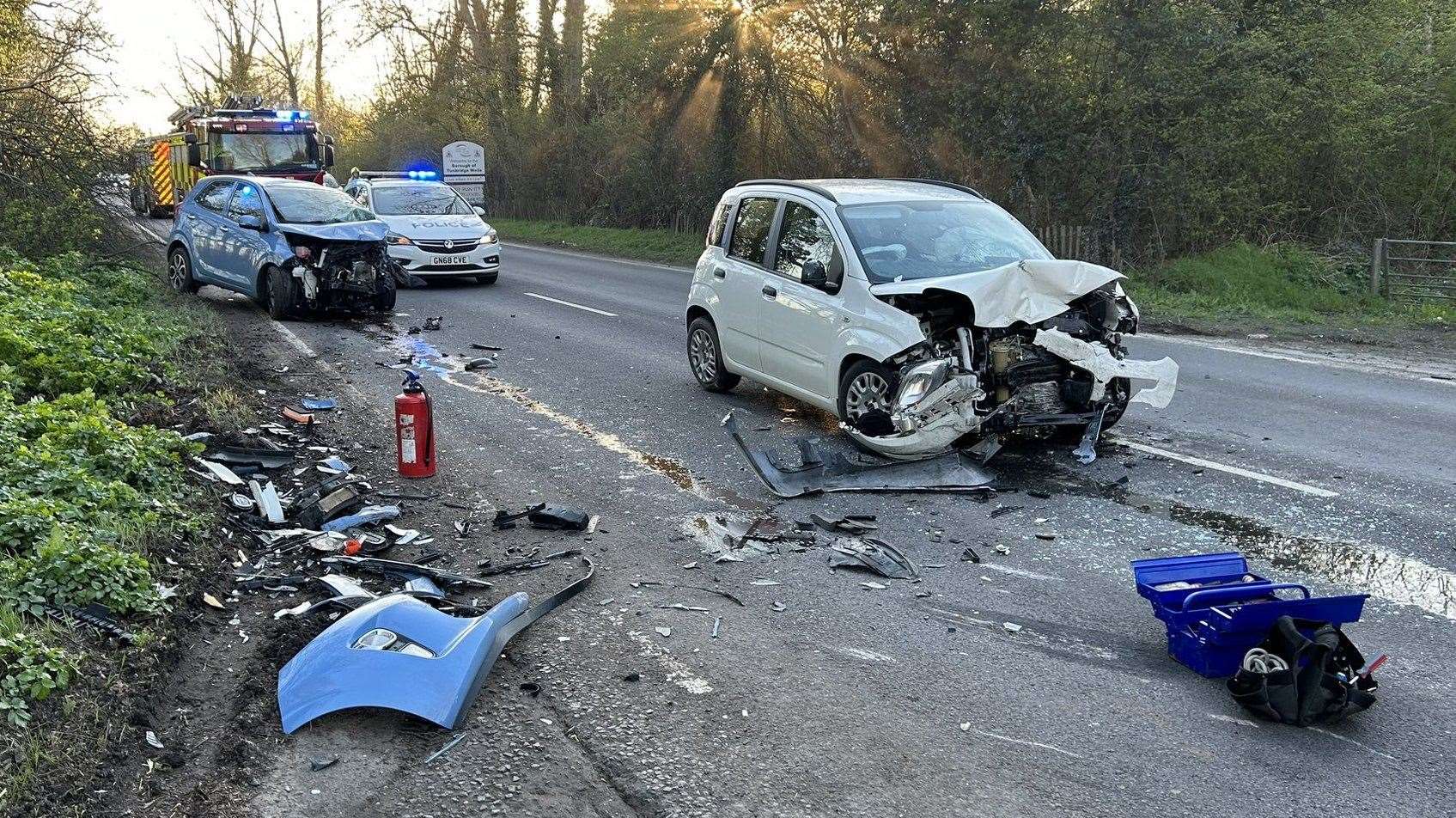 Police and paramedics were called to a crash involving two cars in Whetsted Road, Tonbridge, on Monday evening. Picture: @Shambles11