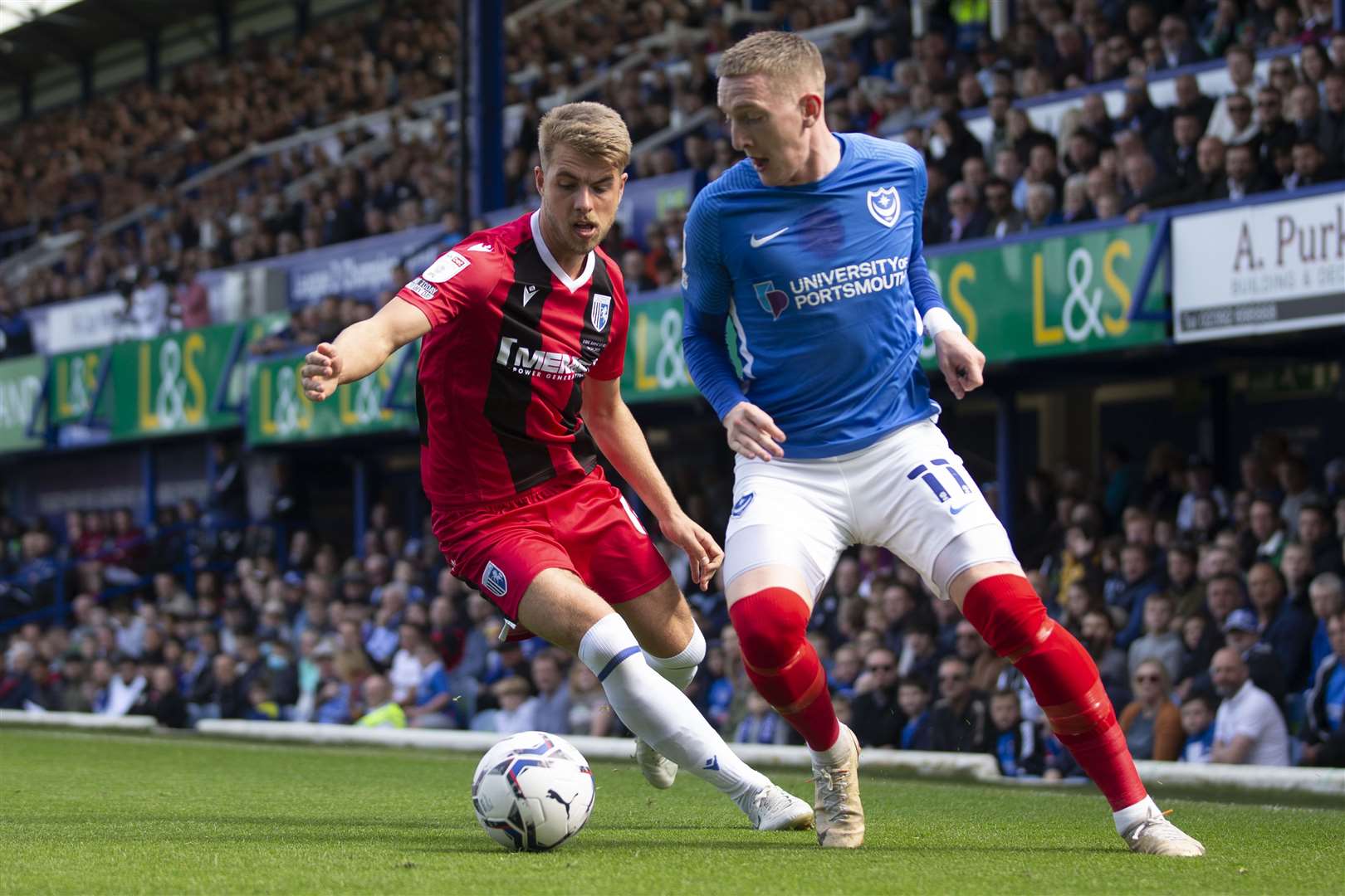 Gillingham defender Jack Tucker up against Portsmouth. Picture: KPI