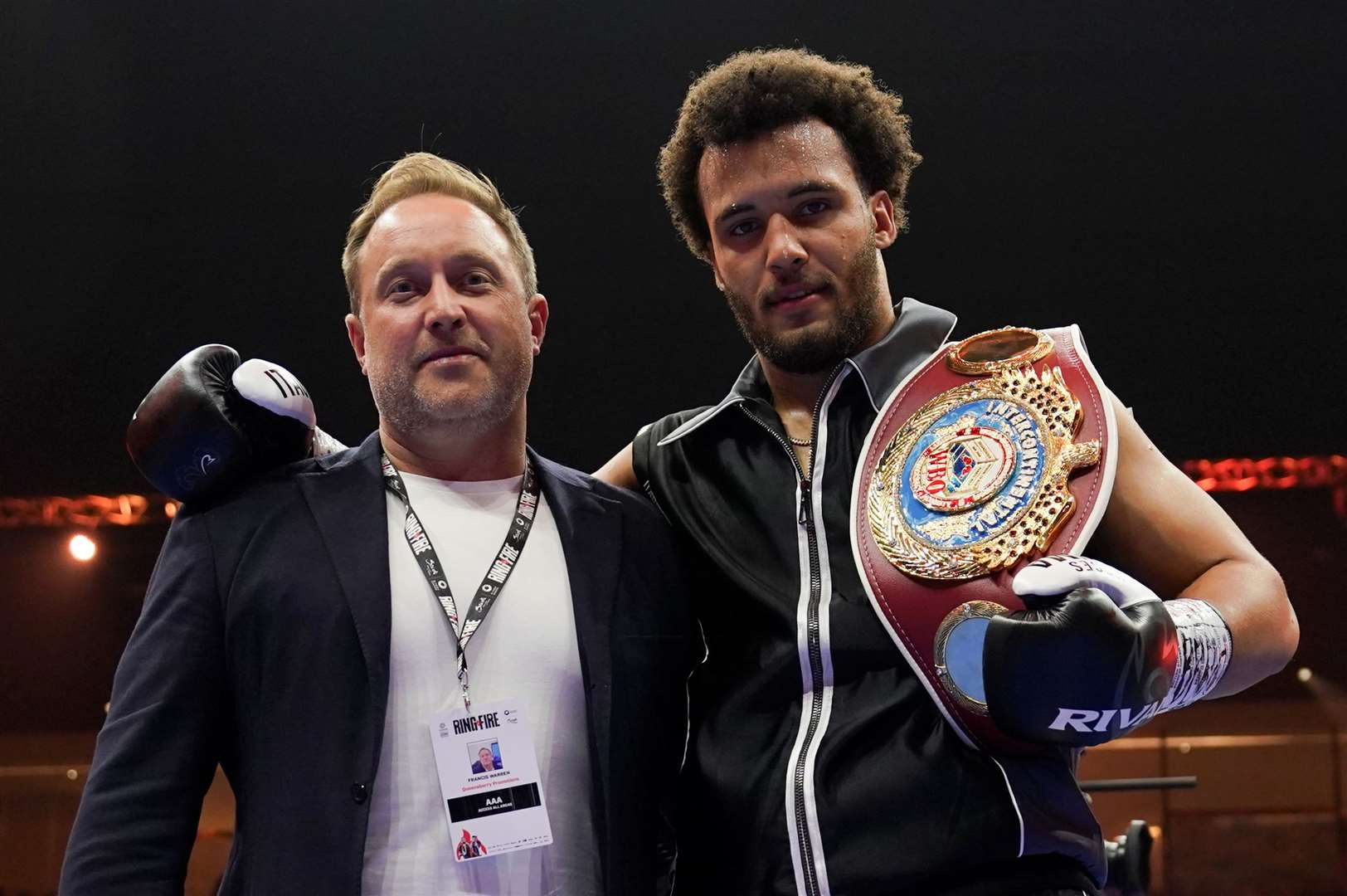 Moses Itauma with manager Francis Warren after beating Ilja Mezencev Picture: Queensberry