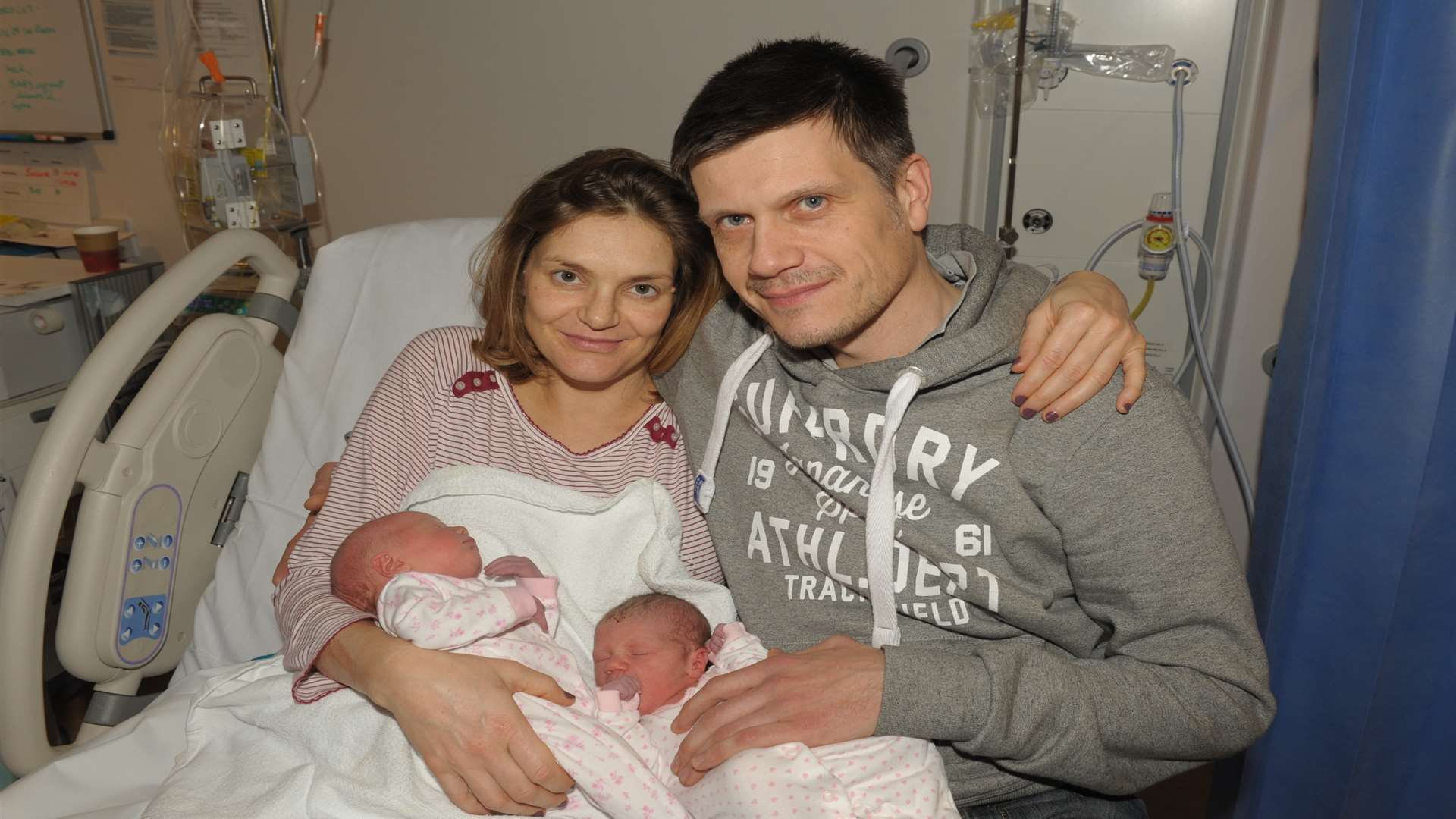 Twins Clara and Lucie with parents Corinne Richard and Andy Barette