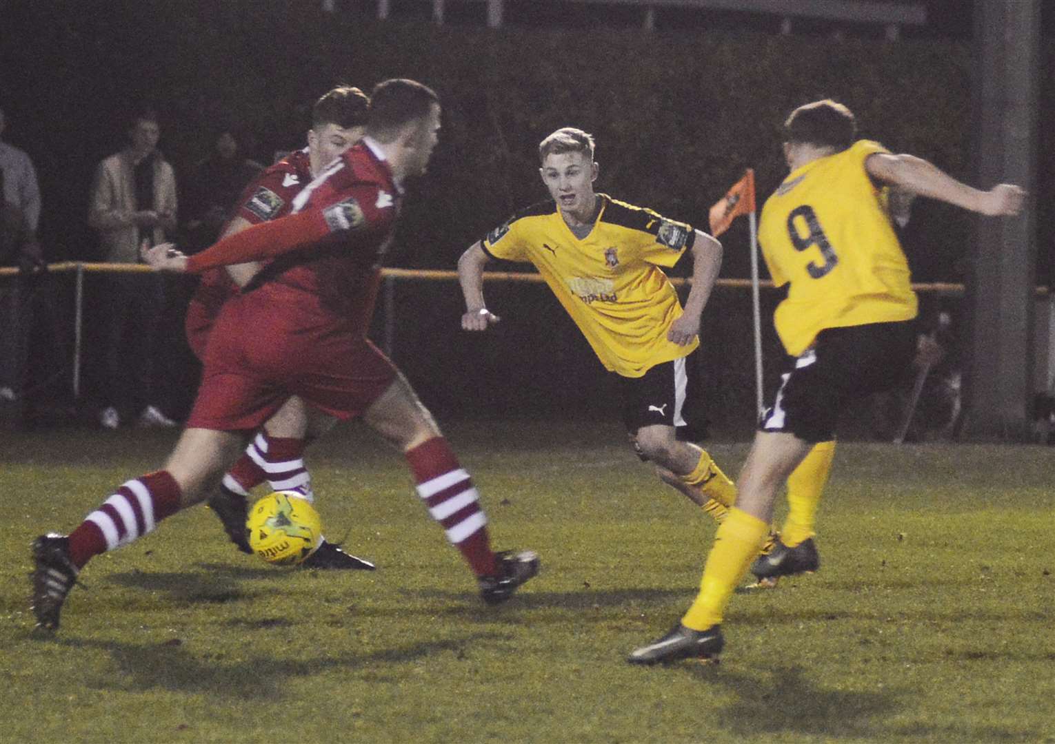 Two-goal Folkestone star Alfie Paxman watches on as Johan ter Horst tries his luck Picture: Paul Amos