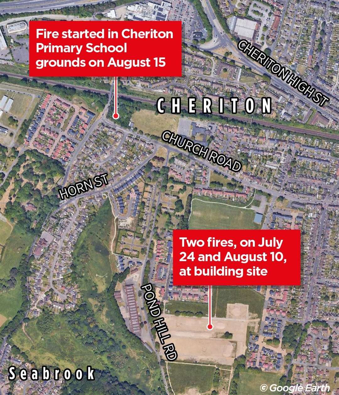 The times and places of the three fires in Cheriton, Folkestone this summer