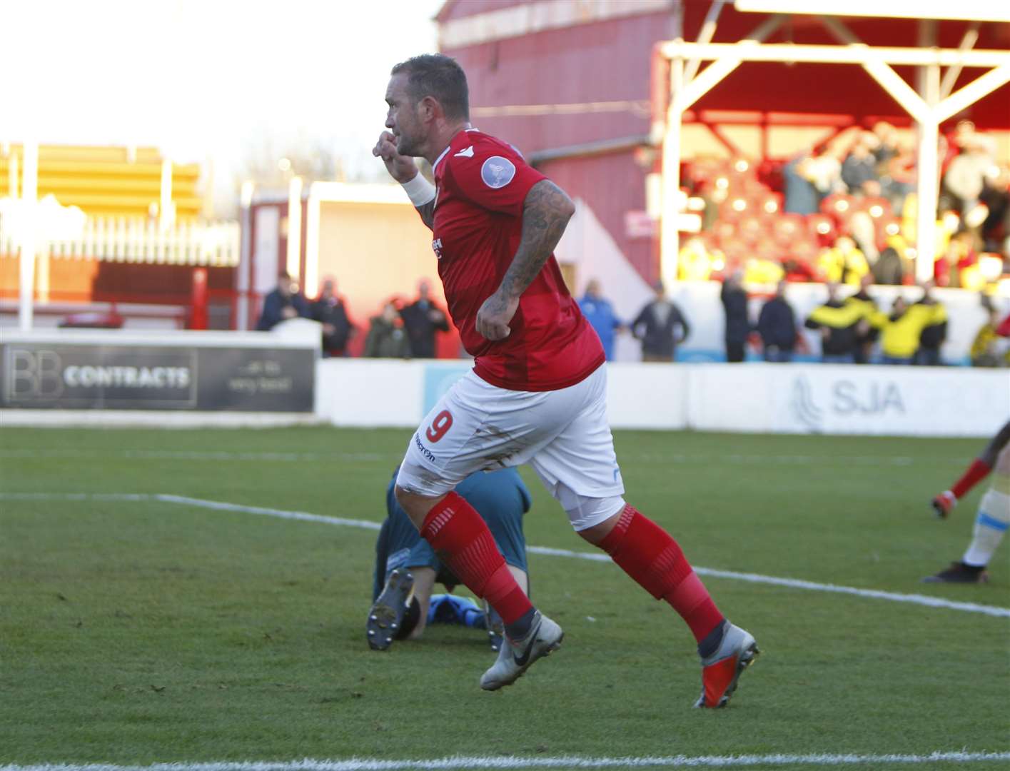 Danny Kedwell wheels away after scoring Ebbsfleet's winner against Barrow Picture: Andy Jones