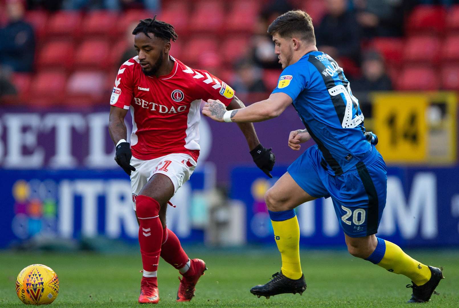 Darren Oldaker can't close down Tariqe Fosu and prevent the pass to set up Charlton's opening goal Picture: Ady Kerry