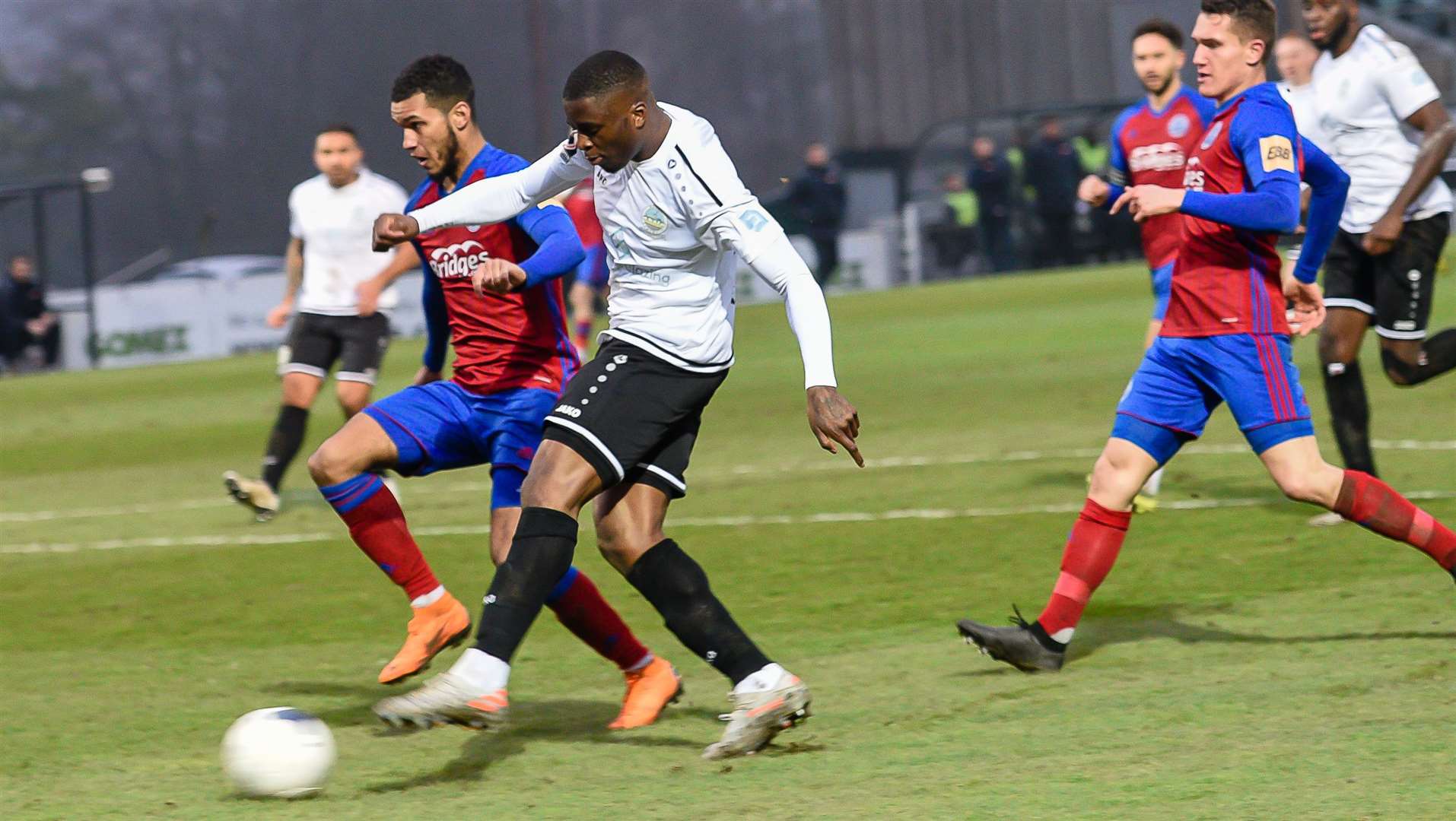 Dover defender Shadrach Ogie puts his team 2-0 in front against Aldershot on Saturday. Picture: Alan Langley