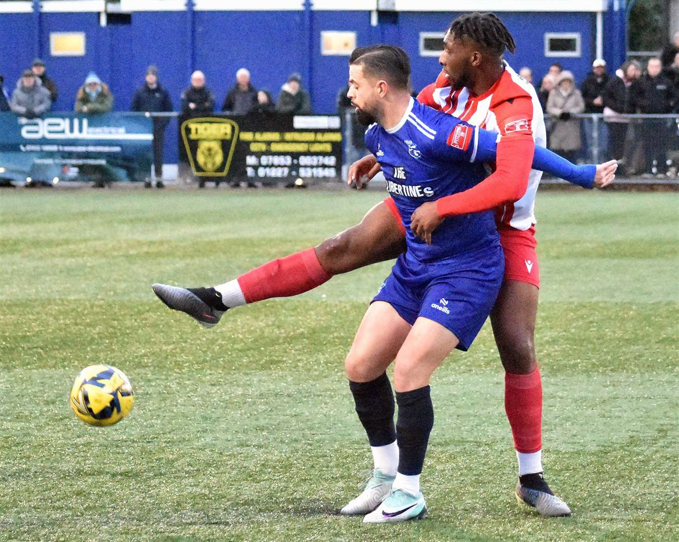 Ben Greenhalgh battles for the ball with a Folkestone player in midfield. Picture: Randolph File