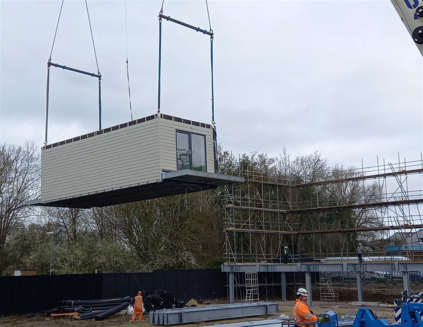 The first pod being lifted into position for the homes at Henwood, Ashford. Picture: Ashford Borough Council