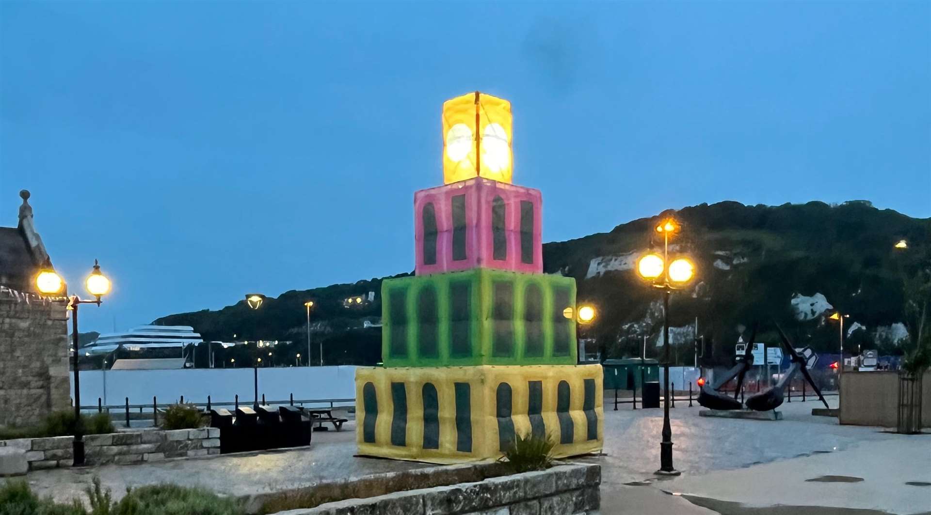 The structure at Clock Tower Square with the top lantern lighting up at night. Picture: Thomas Poblete