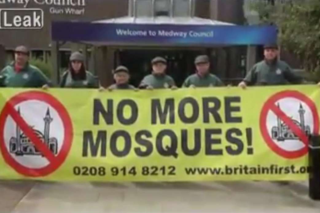 Britain First activists oppose a new Mosque which is awaiting planning approval