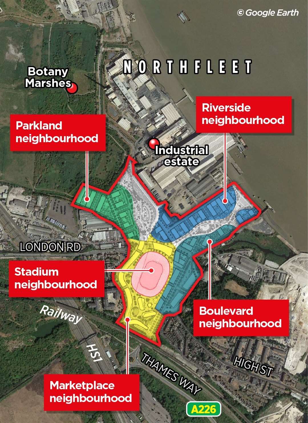 The proposed Northfleet Harbourside development with the new Ebbsfleet United stadium in the centre