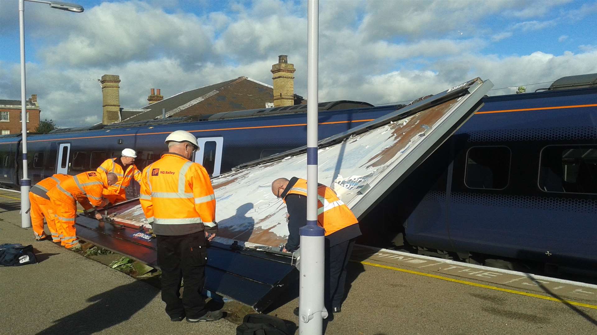 An advertising hoarding blew onto a Javelin train in Faversham