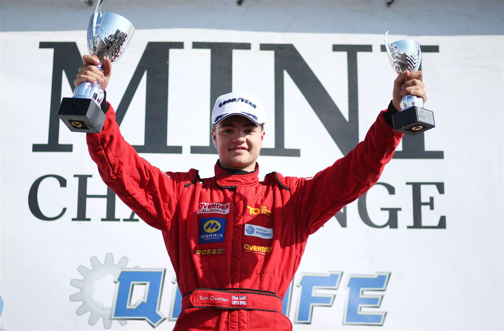 Tom Ovenden celebrating his first Mini Challenge Trophy win at Silverstone on Sunday