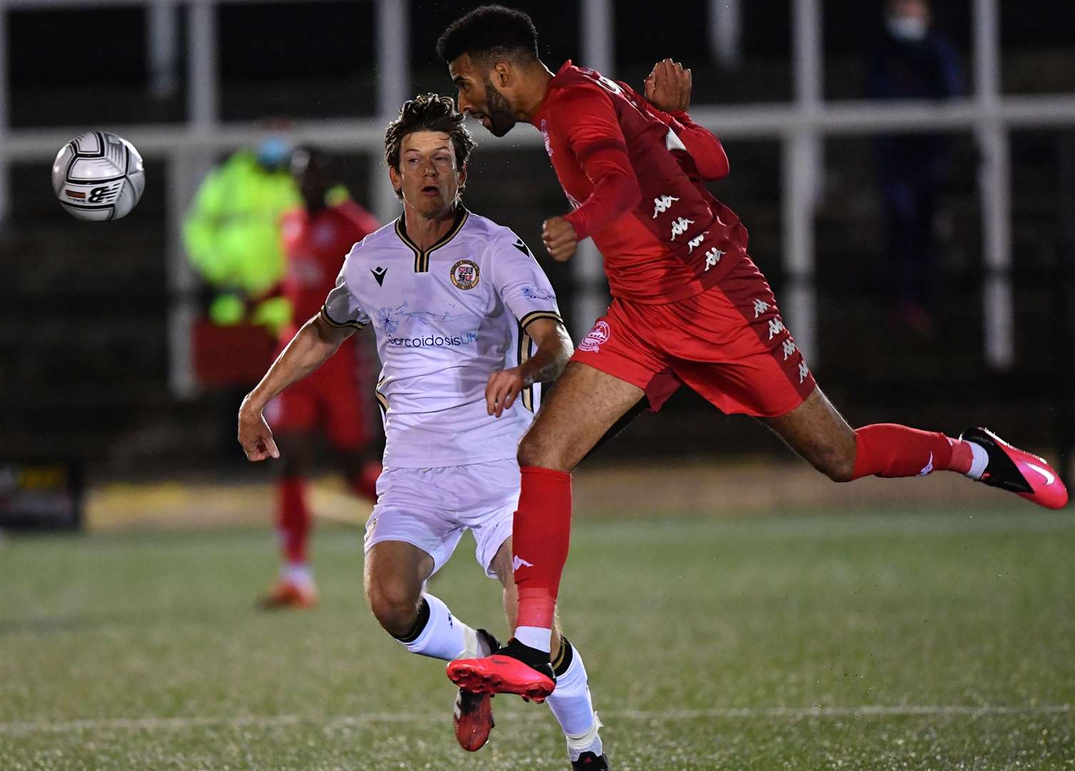 Oscar Gobern heads the ball forward for Dover at Bromley. Picture: Keith Gillard