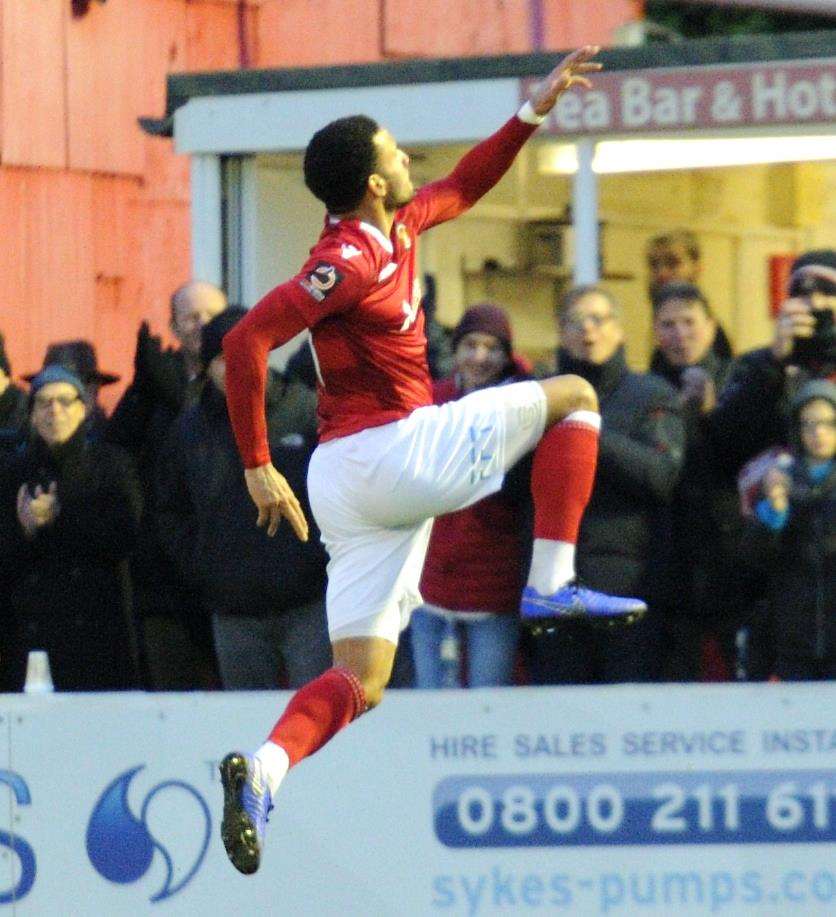 Chris Bush celebrates his free-kick clincher for Ebbsfleet against Leyton Orient Picture: Simon Hildrew