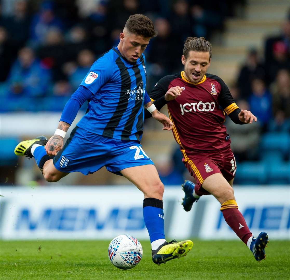 Gillingham's Darren Oldaker goes for goal against Bradford. Picture: Ady Kerry