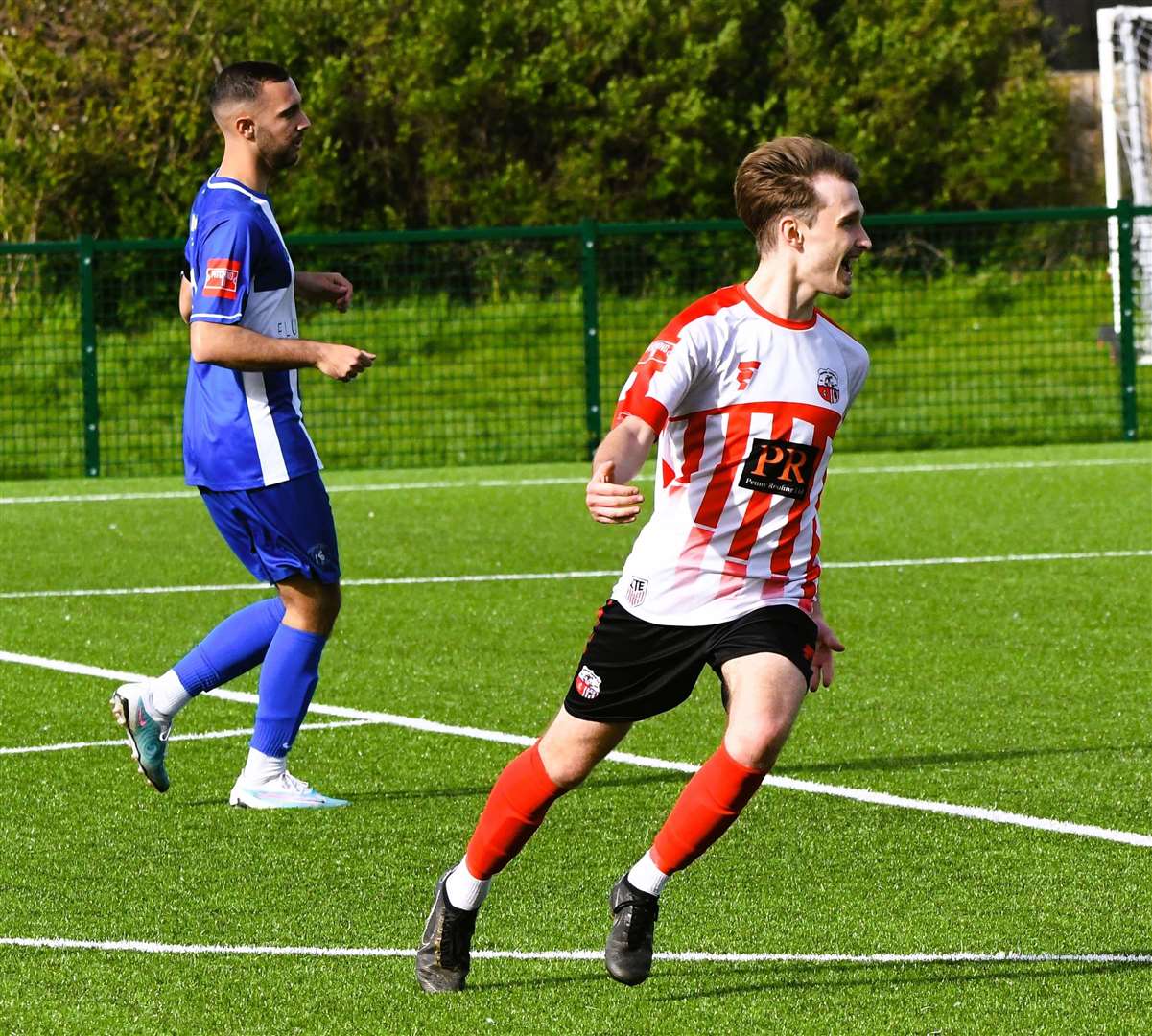 Jacob Lambert celebrates after scoring the winning goal in Sheppey’s 2-1 Isthmian South East win at Herne Bay on Saturday. Picture: Marc Richards