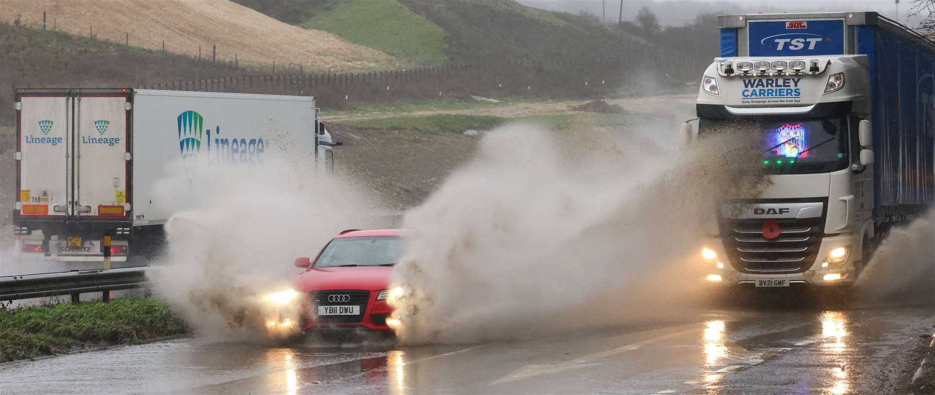 Motorists on the the water-logged A249 at Stockbury near Sittingbourne have been warned about “treacherous” driving conditions as people embark on a Christmas getaway. Picture: UKNIP