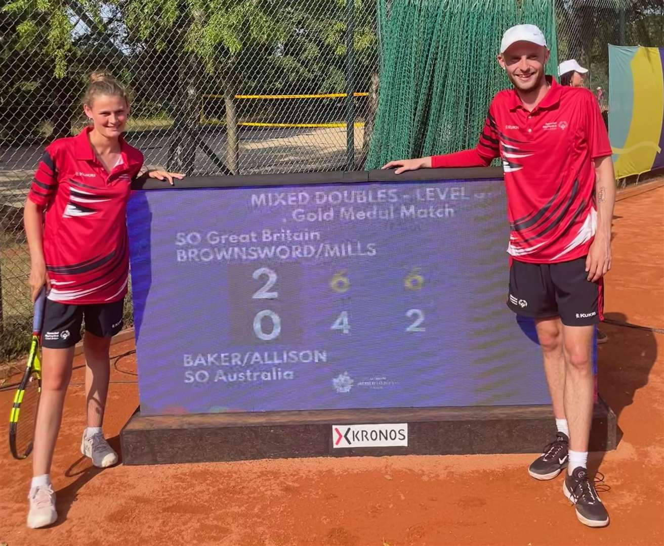 Folkestone's Adam Brownsword and Lily Mills celebrate winning gold at the Special Olympics World Summer Games in Berlin on 21 June 2023.