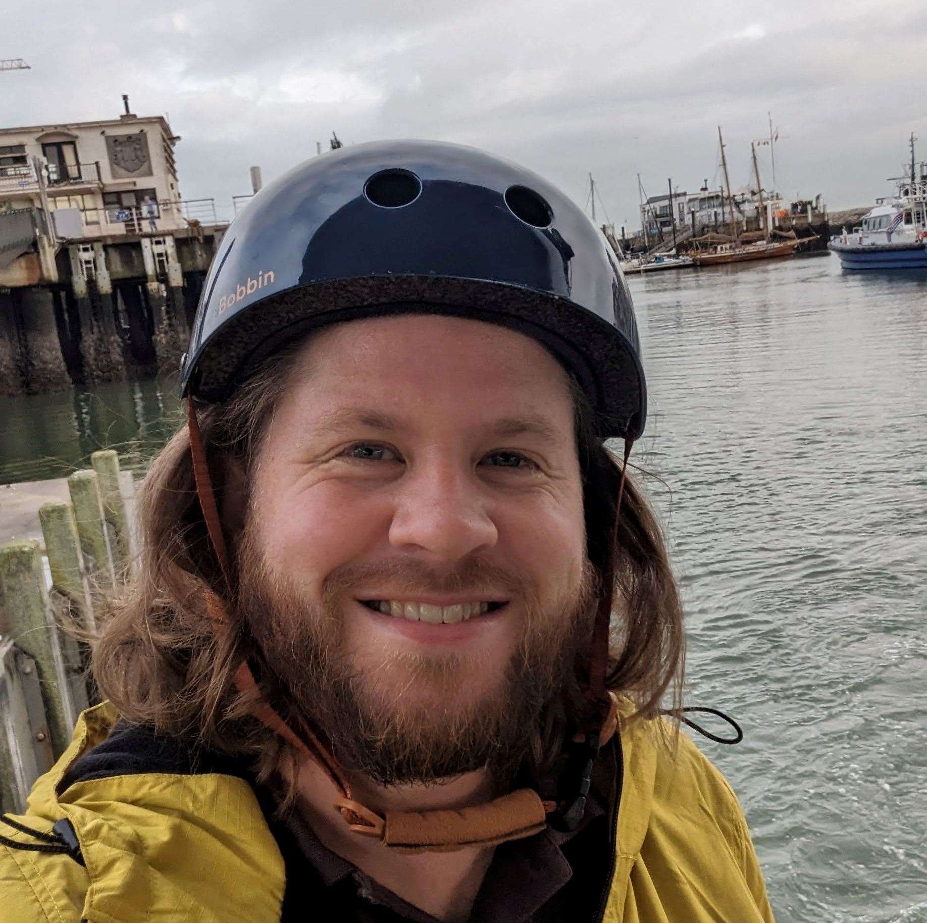 Reporter Rhys Griffiths taking the ferry across Ostend harbour