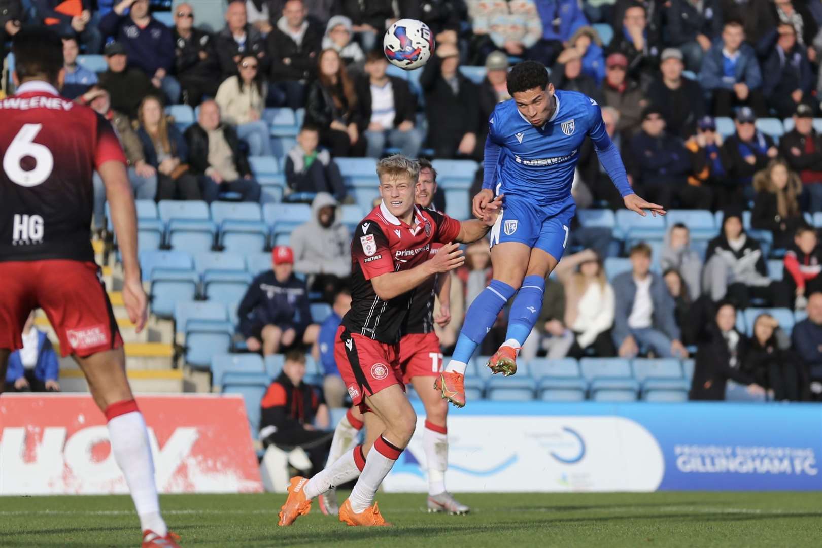 Lewis Walker wins a header for Gillingham Picture: KPI