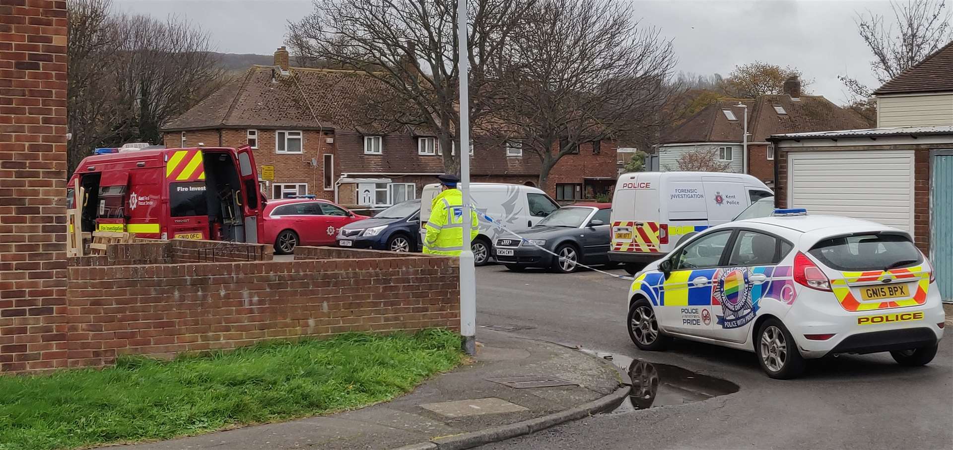 Police and fire crews at the scene of the blaze. Photo: Rhys Griffiths