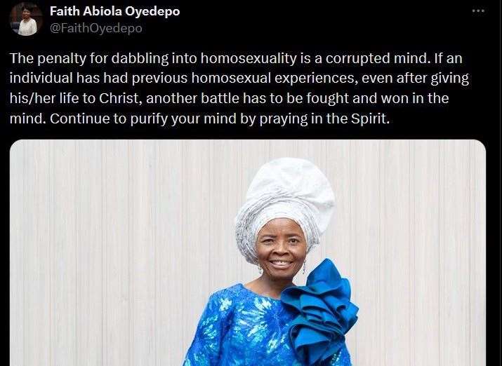 Faith Oyedepo, wife of the church's founder and a senior pastor, has tweeted against homosexuality numerous times