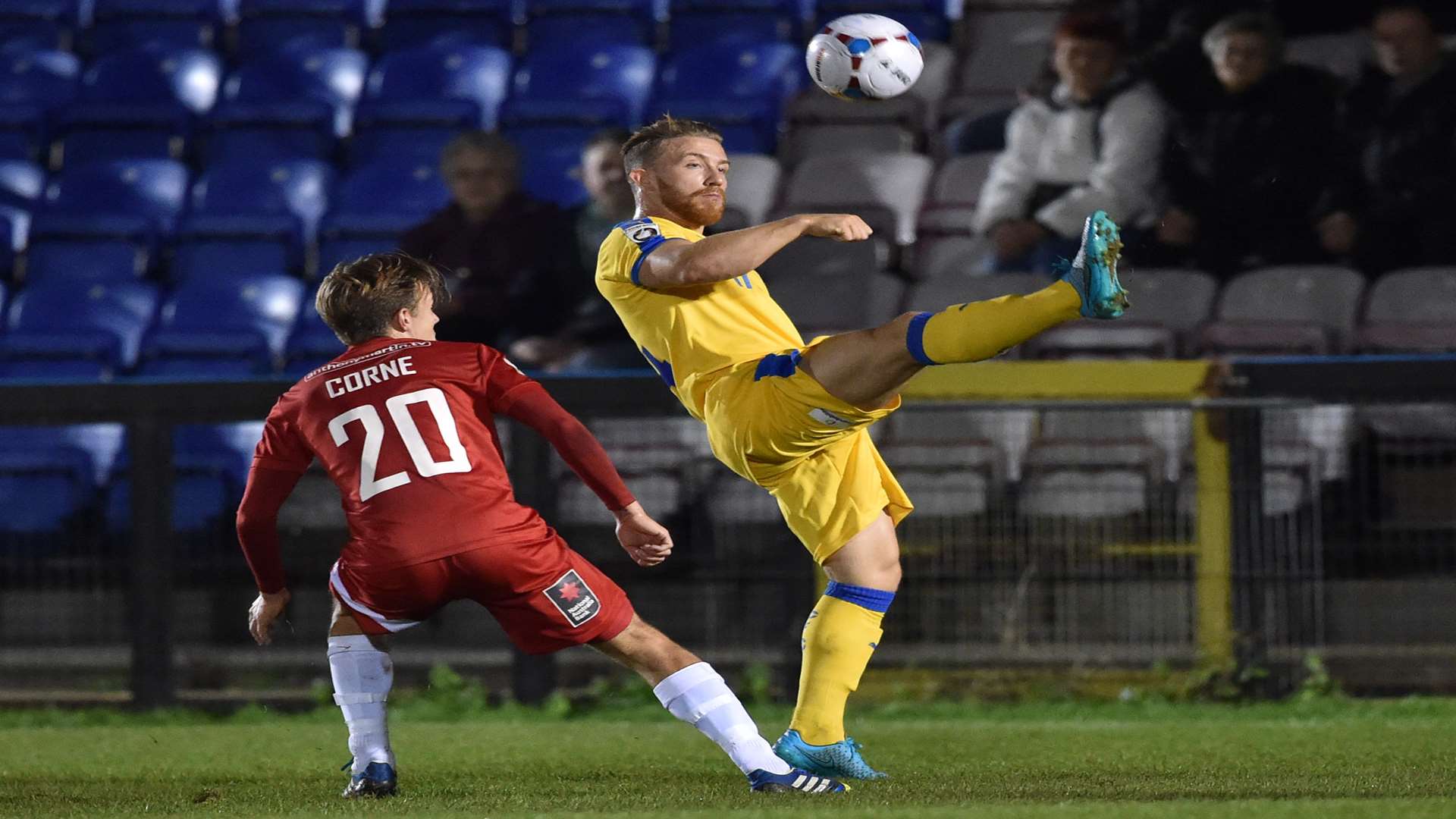 Welling midfielder Sam Corne closes down George Thompson. Picture: Keith Gillard