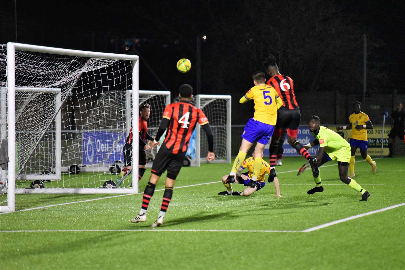 Duane Ofori-Acheampong heads the winner at Lancing Picture: Ken Medwyn