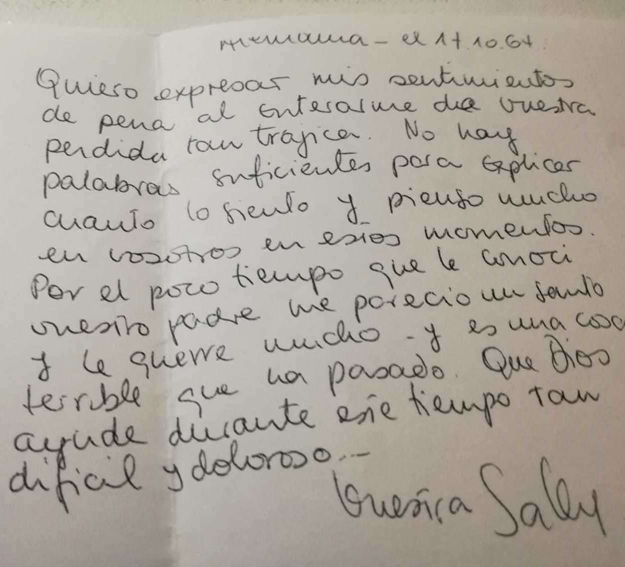 The letter written by Sally to Antonio upon his father's death in 1964