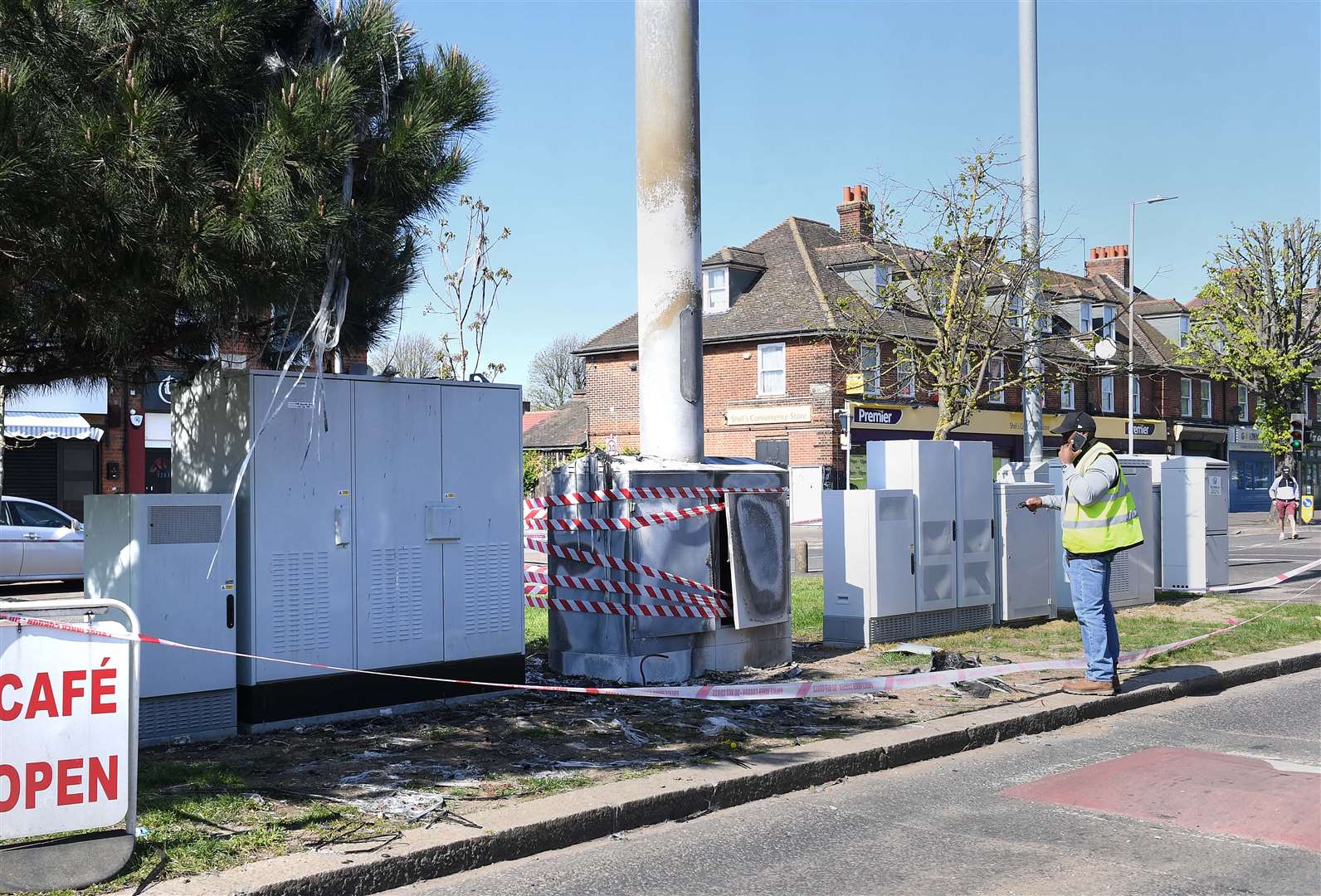 A telecoms mast on Becontree Avenue in Dagenham after a fire (Stefan Rousseau/PA)