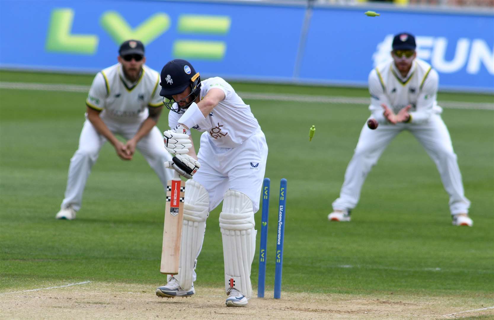 Kent's Ollie Robinson is bowled for three by Zak Chappell. Picture: Barry Goodwin