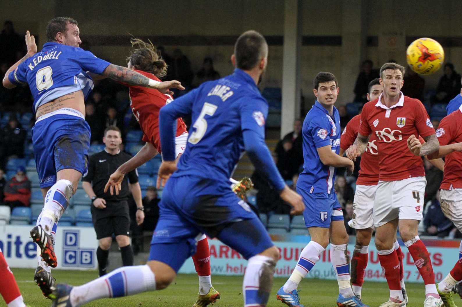 Danny Kedwell heads for goal but Gills were second best against Bristol City Picture: Barry Goodwin