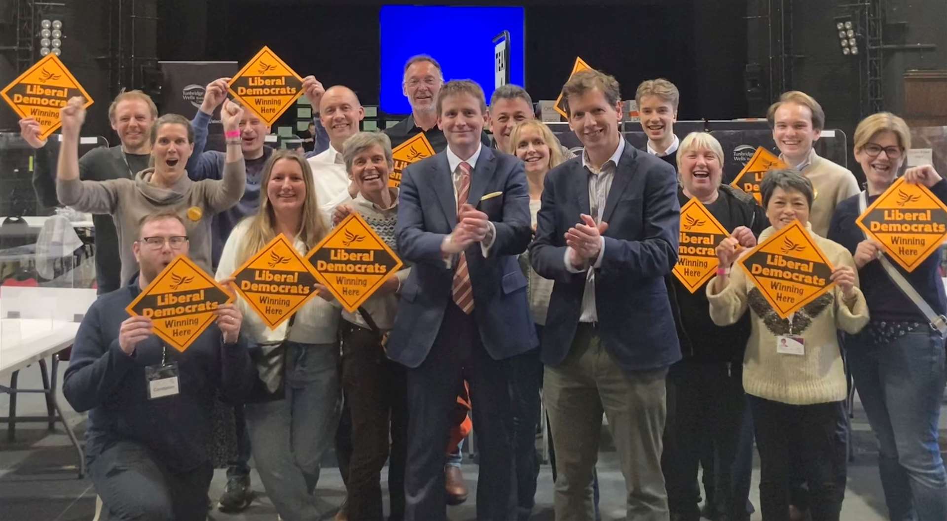 Liberal Democrats celebrating after the count for the local elections in May when they won overall control of Tunbridge Wells council for the first time in almost 30 years