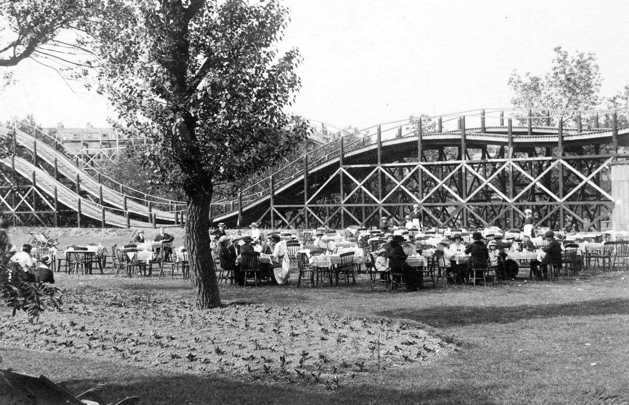 The Scenic Railway and the tea gardens, once a feature of the park, in the 1920s. Picture: Nick Evans