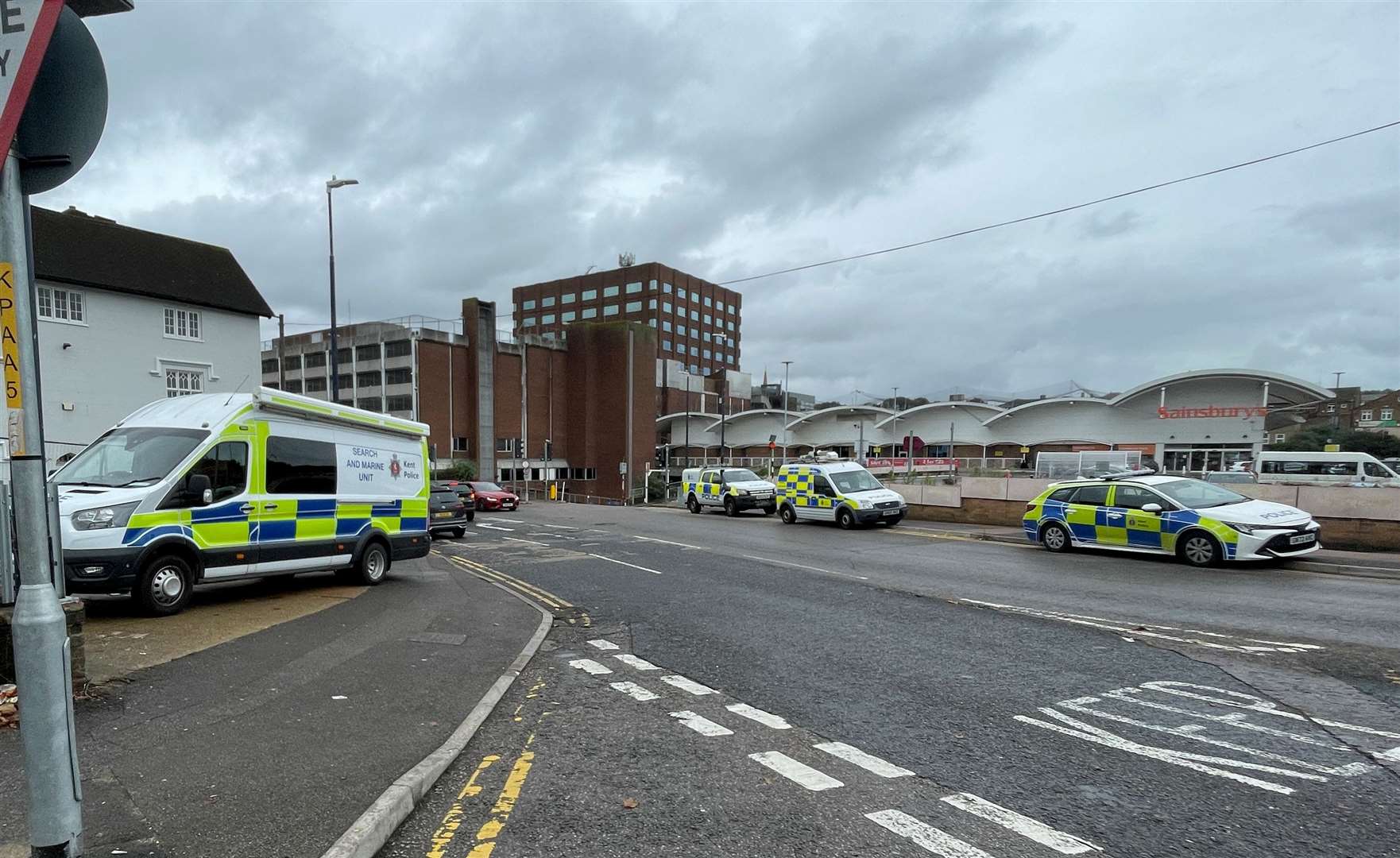 Multiple vehicles near Sainsbury's in Romney Place, Maidstone, on Monday morning