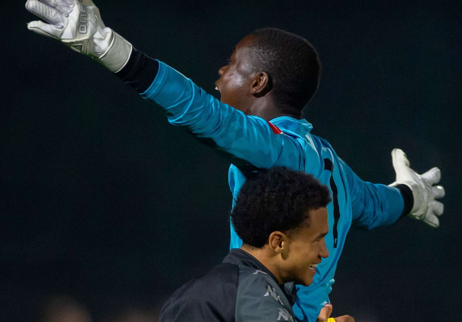 Corinthian goalkeeper Nathan Boamah lets out a roar. Picture: Ian Scammell