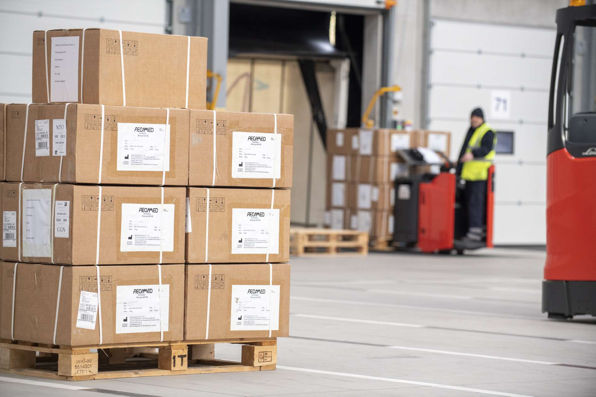 About 300 ventilators from China arriving at a Ministry of Defence logistics base in Shropshire, on April 4 (Sgt Ben Beale/MoD/Crown Copyright/PA)