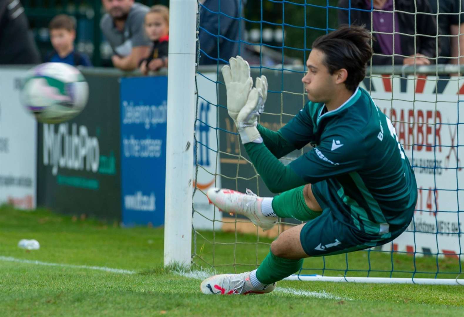 Bearsted keeper Frankie Leonard saves from the spot against Epsom & Ewell. Picture: Ian Scammell