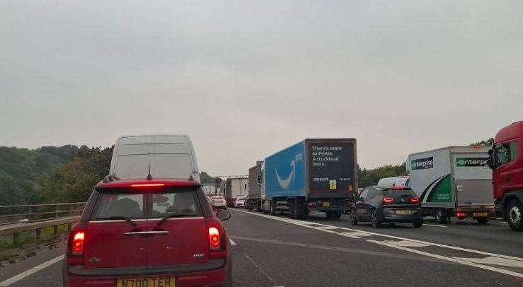 Traffic is queued on the M25 anti-clockwise carriageway