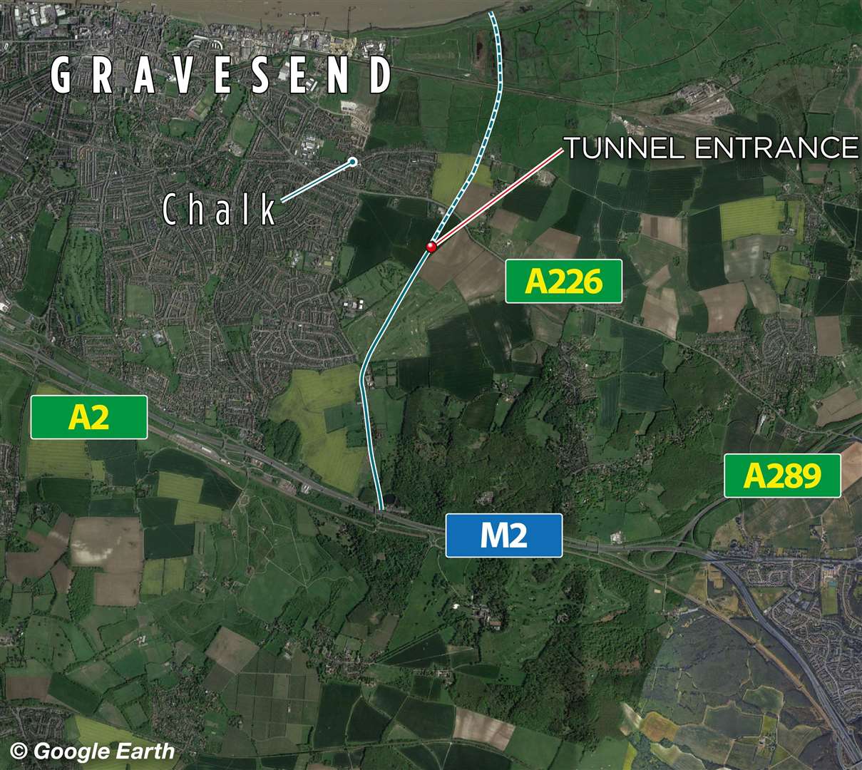 The updated planned route of the Lower Thames Crossing